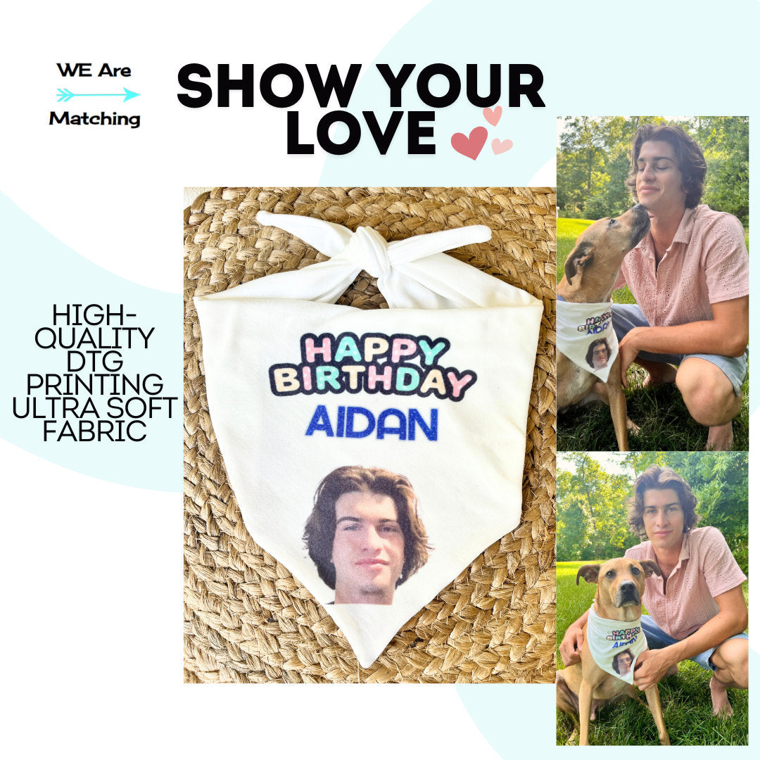 Personalized Birthday Dog Bandana with Photo| Tie-on Pet Neck| sizes XX Small to XX Large| Soft, Durable, Ink Infused fabric |For birthdays